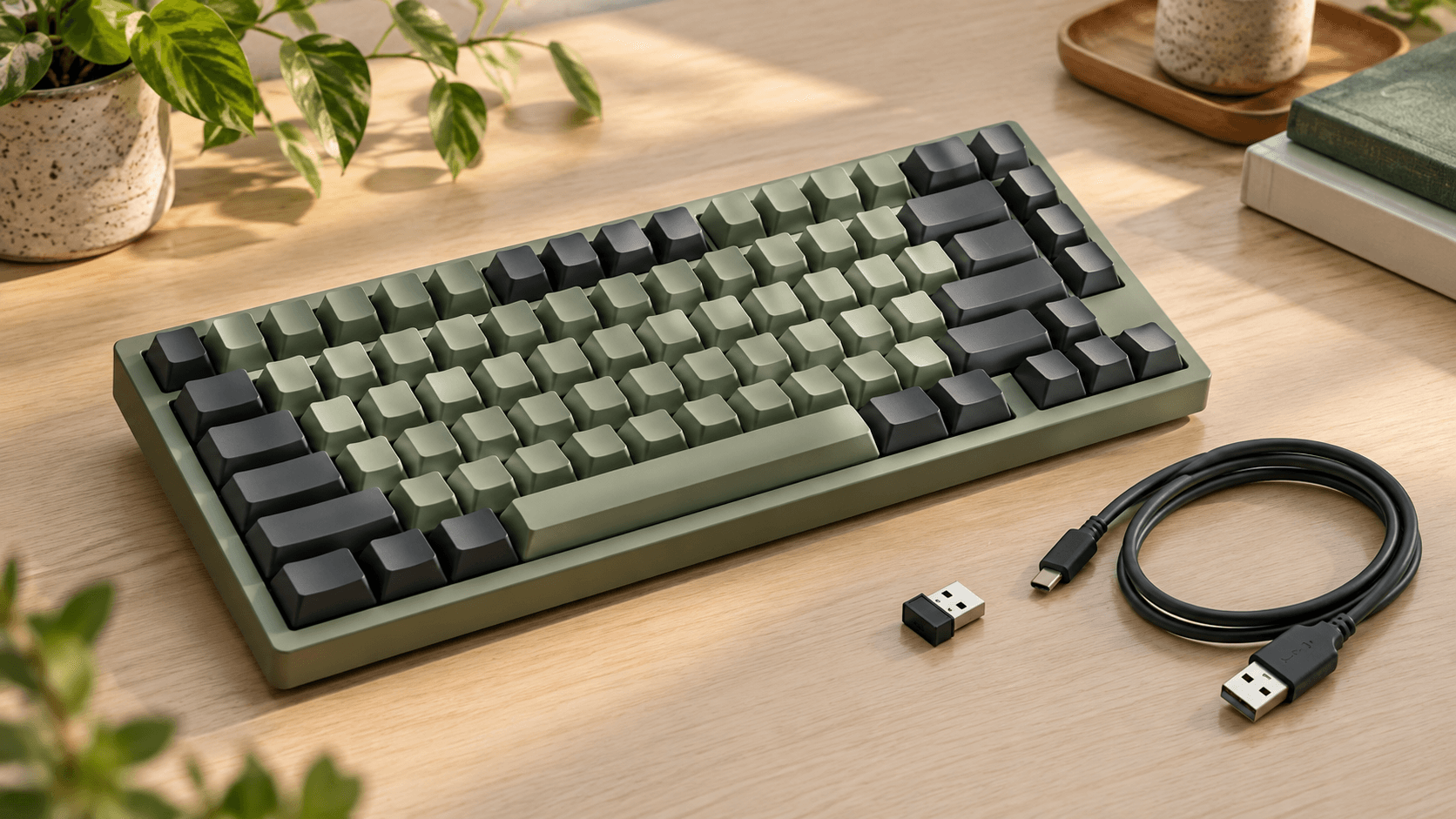 AI-generated illustration of a green keyboard, small USB receiver and USB cable on a wooden desk.