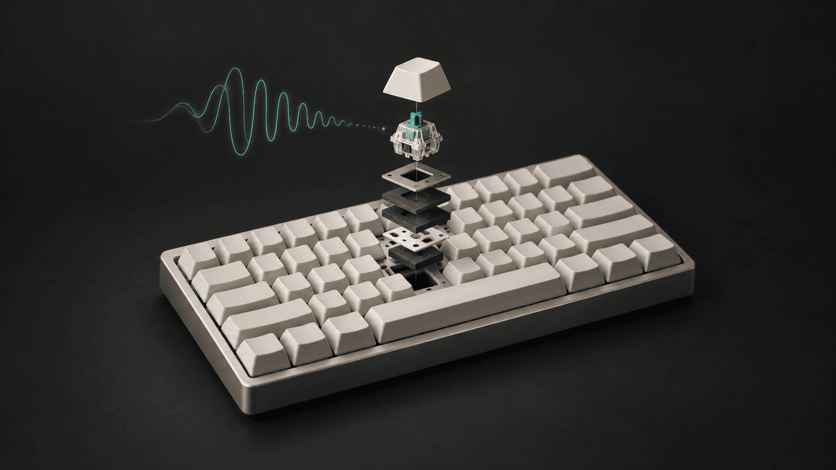 Unbranded mechanical keyboard, an exploded switch and foam layers illustrating switch and board design for quieter typing.